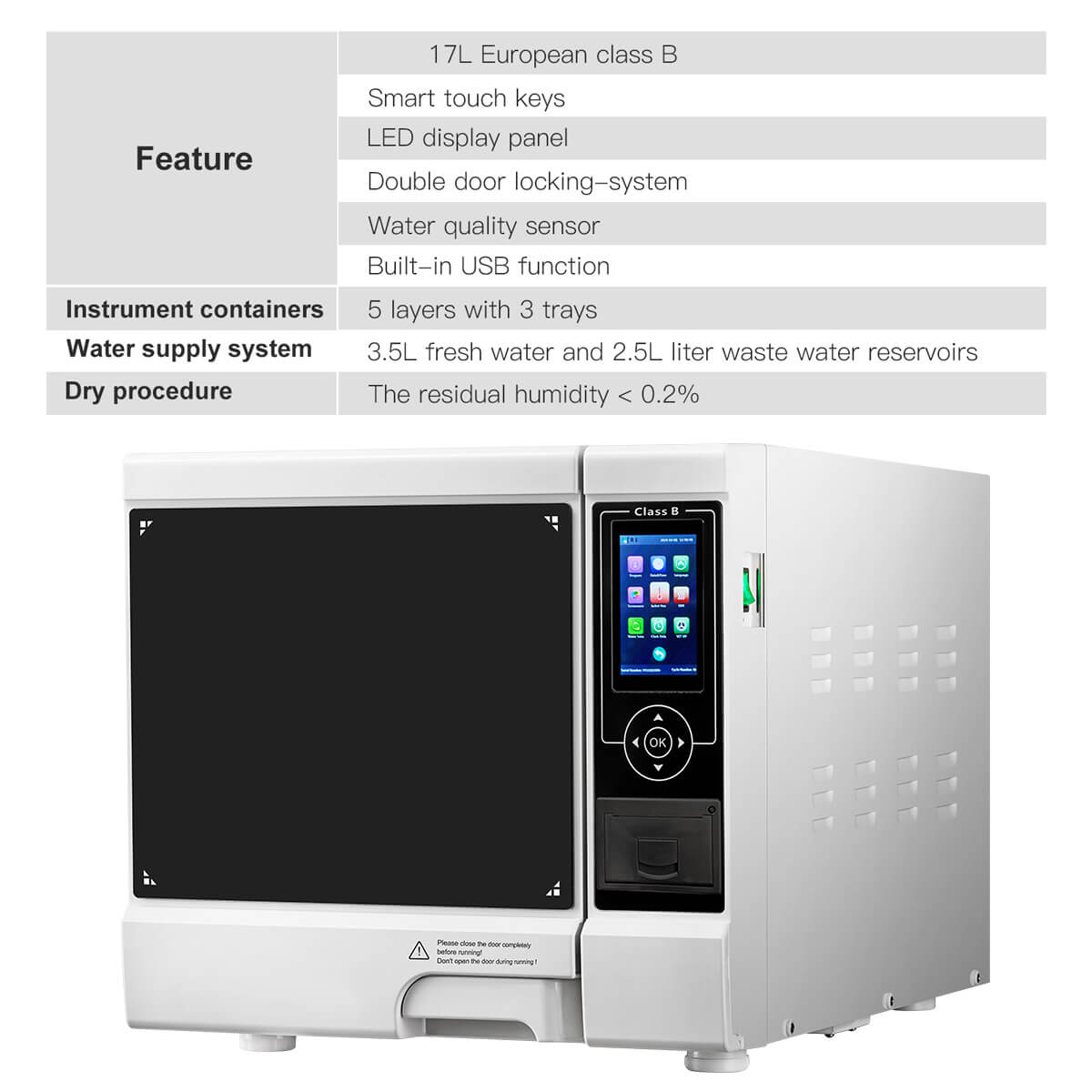 Dental Autoclave Steam Sterilizer Table Top LCD Built-in Printer Class B Dry Function 17L - azdentall.com