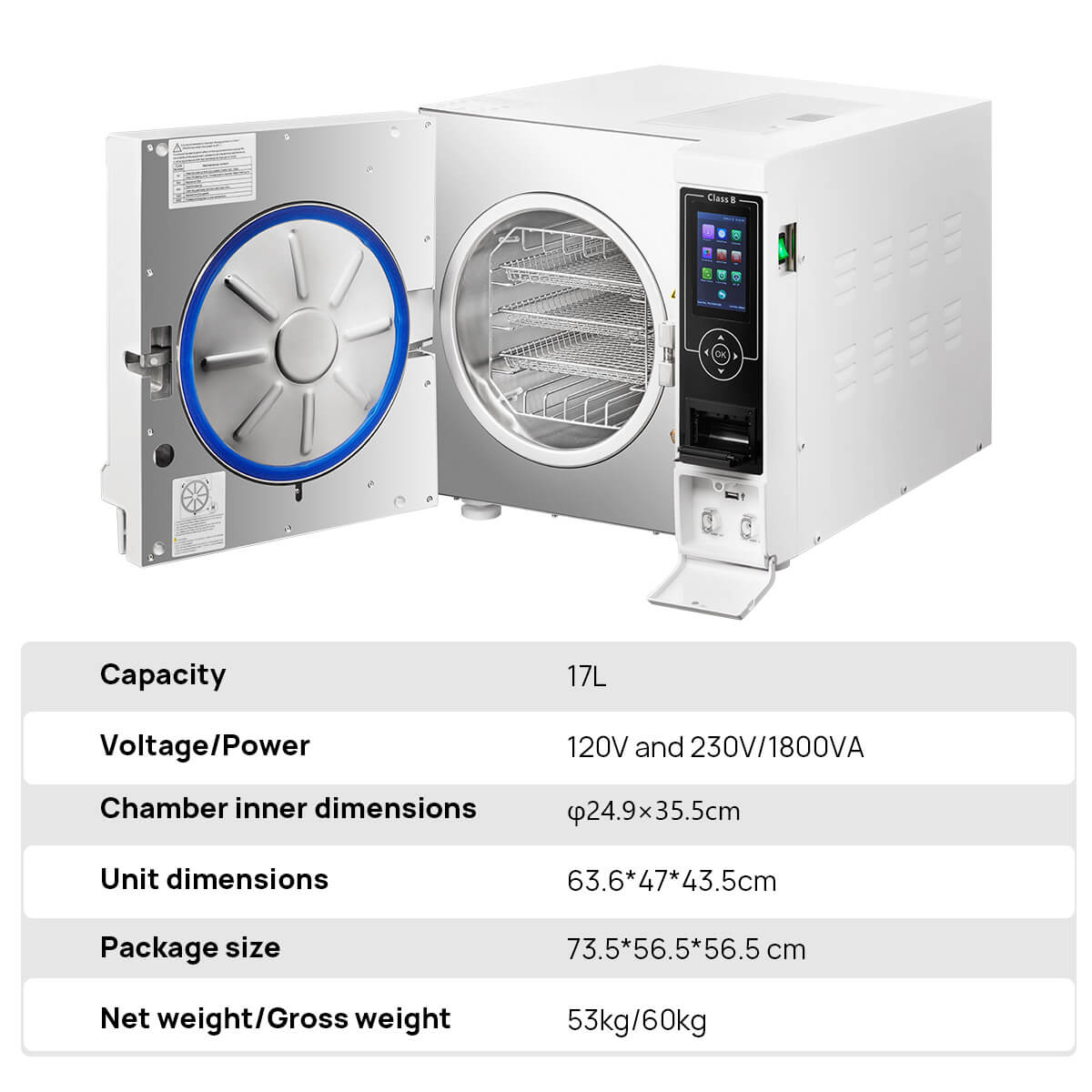 Dental Autoclave Steam Sterilizer Table Top LCD Built-in Printer Class B Dry Function 17L - azdentall.com