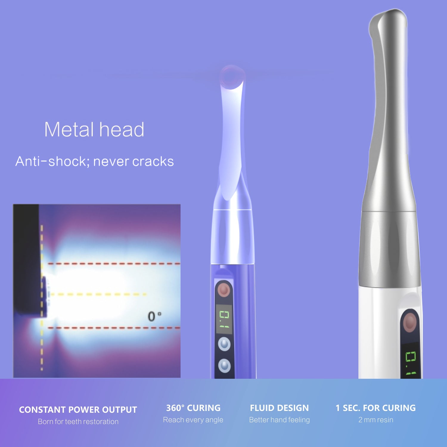 Woodpecker Curing Light iLED Plus Wireless 360° Rotary Wide Spectrum Metal Head 2 Working Modes 2500mW/cm2 White/Purple - azdentall.com