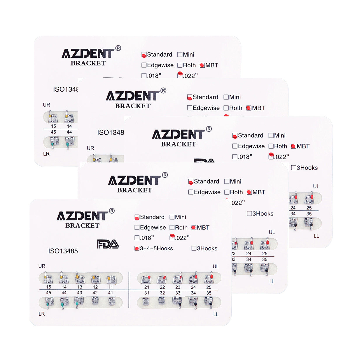 AZDENT Dental Metal Brackets Standard MBT Slot .022 Hooks on 345 20pcs/Pack