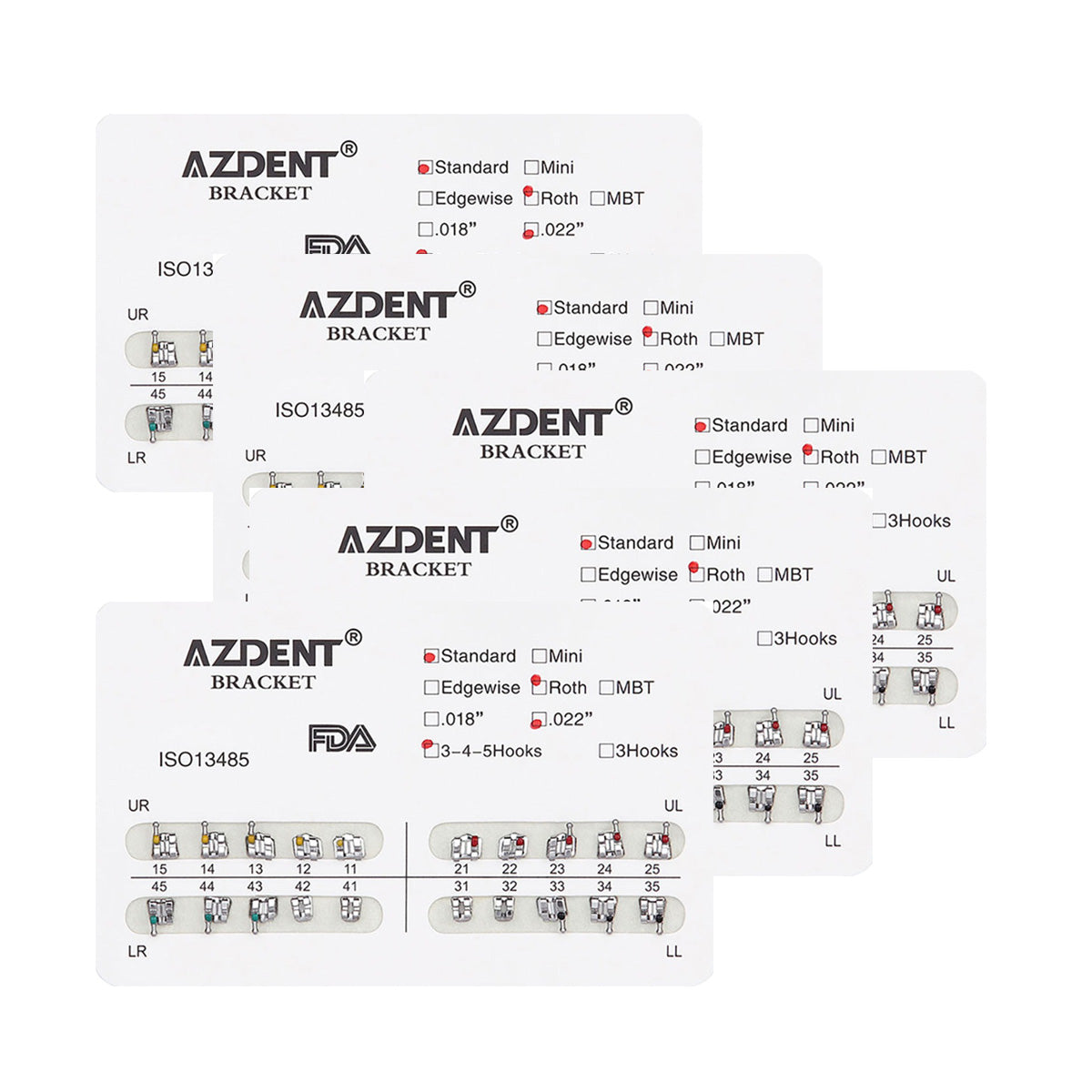 AZDENT Dental Metal Brackets Standard Roth Slot .022 Hooks on 345 20pcs/Pk