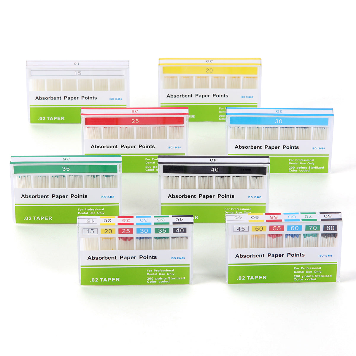 Absorbent Paper Points #15-80 Taper Size 0.02 Color Coded 8 Models 200/Box - azdentall.com