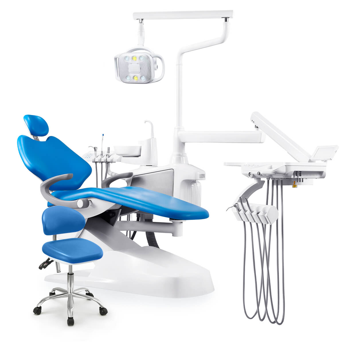 Dental Chair Unit QL2028III-2024 DC Motor Computer Controlled PU Hard Leather w/ Dentist Stool Dark Blue - azdentall.com