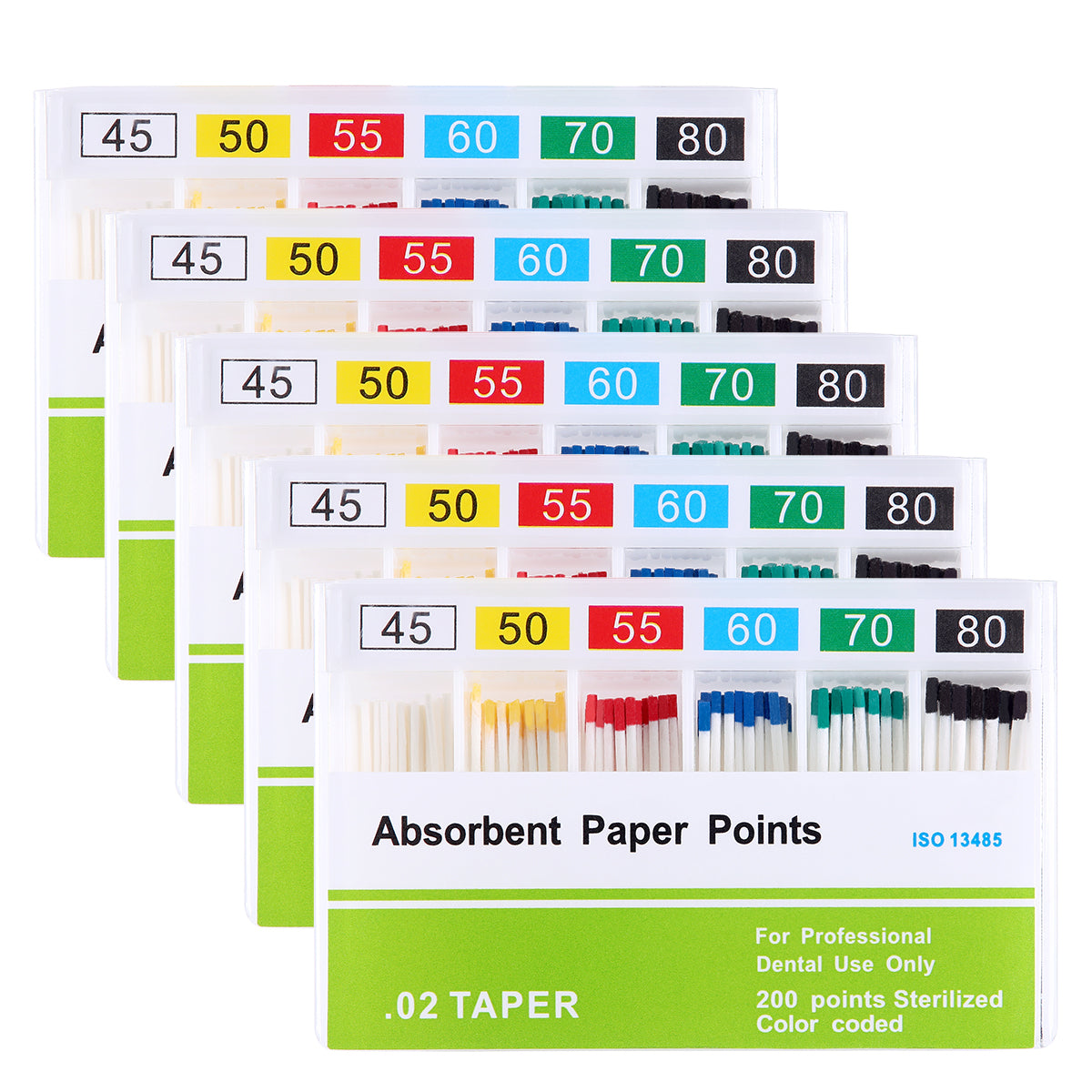 5 Boxes Absorbent Paper Points #45-80 Taper Size 0.02 Color Coded 200/Box - azdentall.com