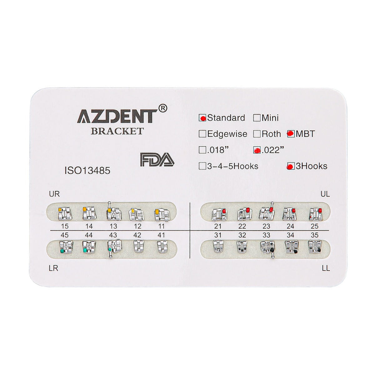AZDENT Dental Metal Brackets Standard MBT Slot .022 Hooks on 3 20pcs/Pack - azdentall.com