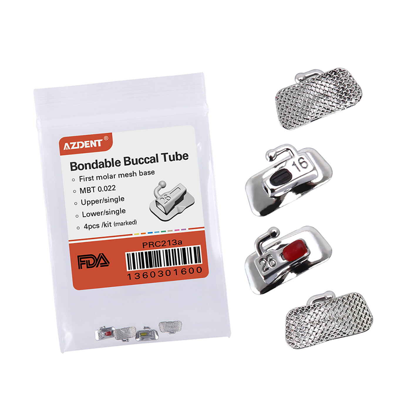 AZDENT Dental Orthodontic Buccal Tube 1st Molar Bondable Non-Convertible MBT 0.022 Laser Mark Assorted Quadrants(UR UL LL LR) 4pcs/Bag - azdentall.com