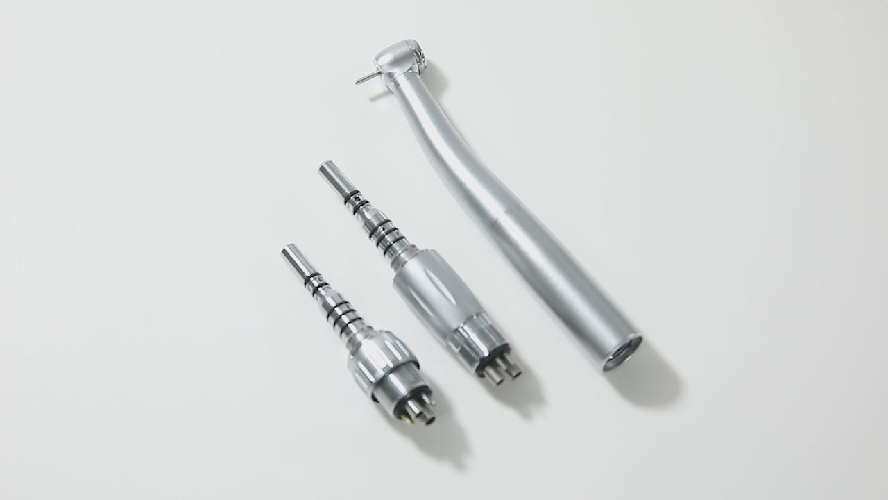 Load video: Dental LED Fiber Optic High Speed Handpiece Standard Head Push Button Three Water Spray / 4 or 6 Holes Quick Coupler - azdentall.com