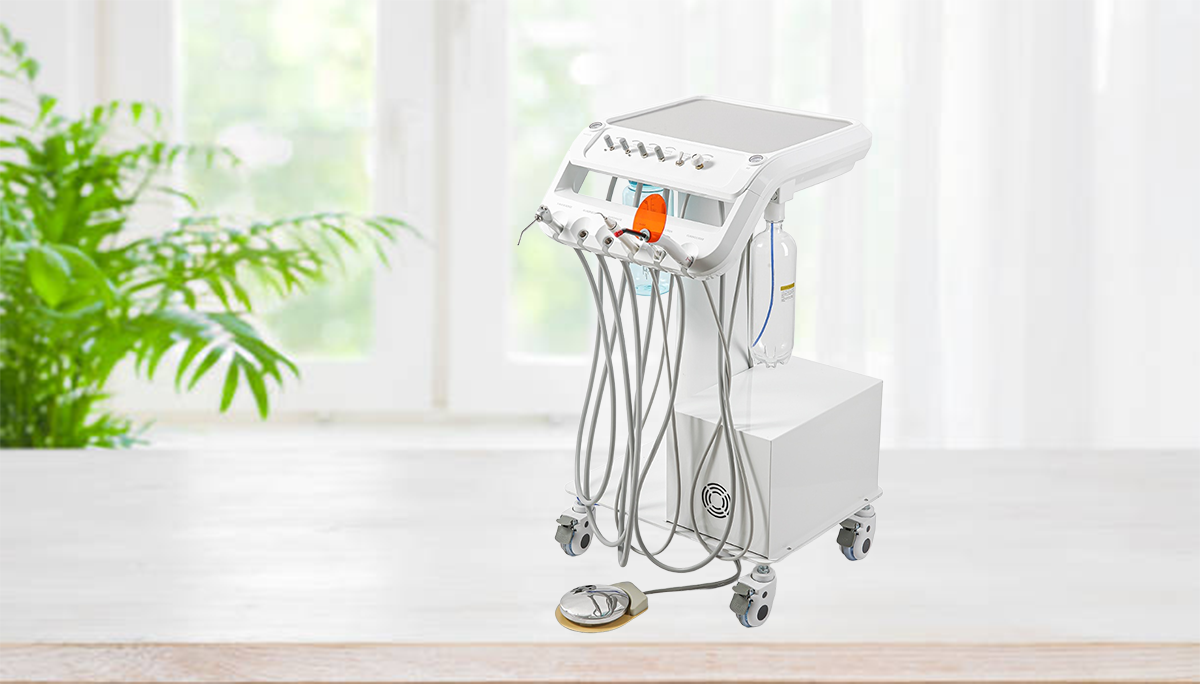 Portable Dental Mobile Cart Delivery Unit 4 Holes with Air Compressor Built-in Woodpecker Ultrasonic Scaler & Curing Light - azdentall.com