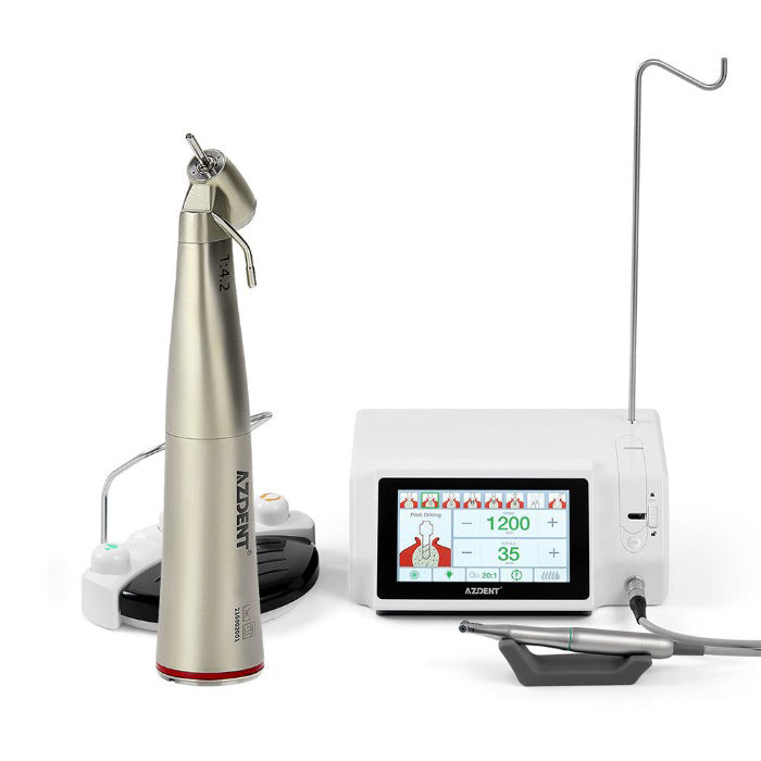 AZDENT Dental Implant Motor Surgical Brushless Color Touch Screen And 45 Degree 1:4.2 Increasing Fiber Optic Handpiece External Water-azdentall.com