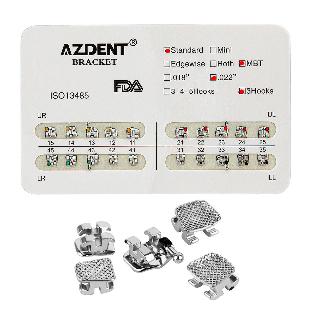 AZDENT Dental Metal Brackets Standard MBT Slot .022 Hooks on 3 20pcs/Pack - azdentall.com