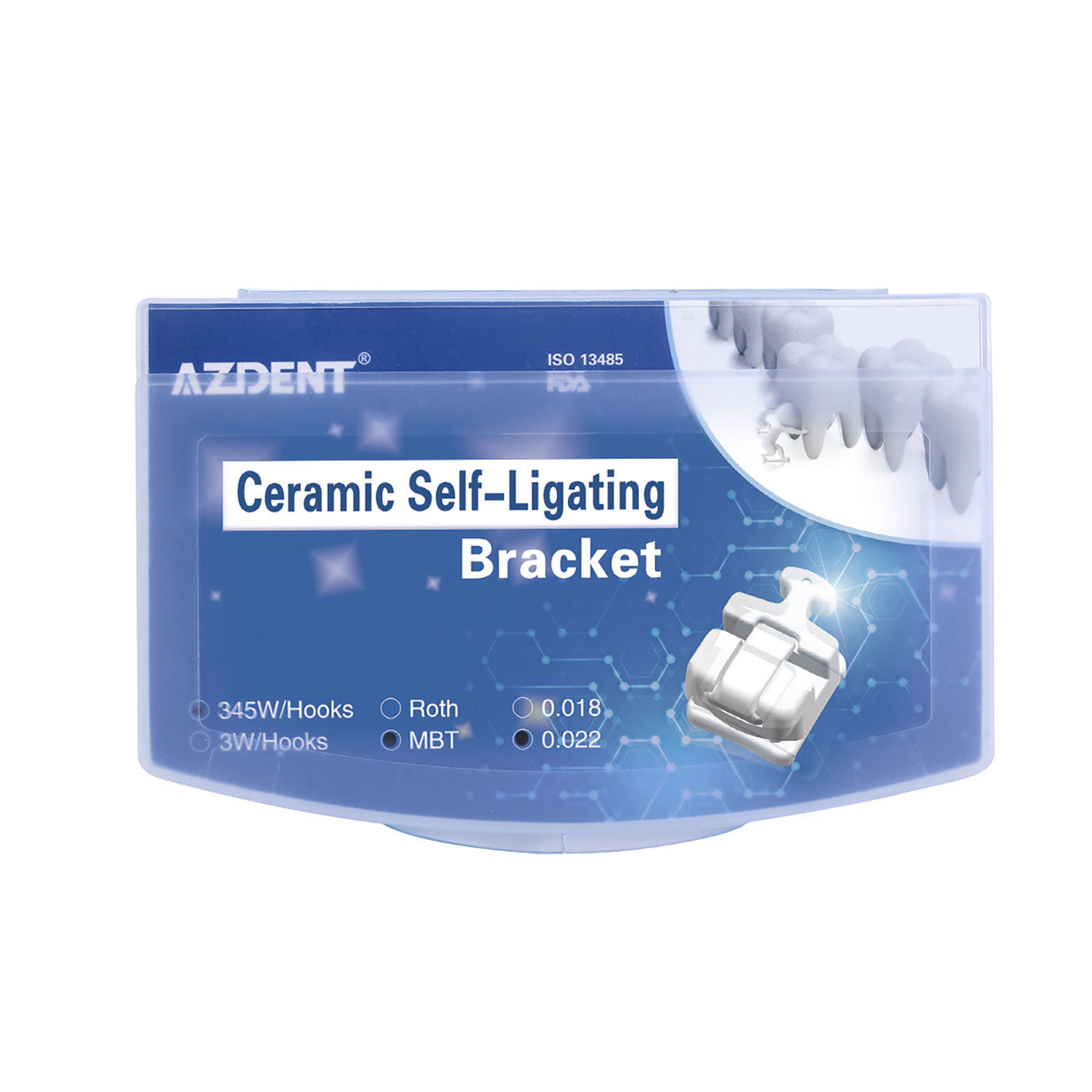 AZDENT Dental Orthodontic Self-ligating Ceramic Bracket MBT 0.022 Hooks on 345 Third Generation 20pcs/Box - azdentall.com