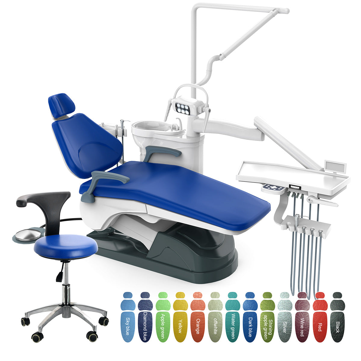 Dental Unit Chair J2688-A1 DC Motor Computer Controlled Hard Leather with Stool Sapphire Blue - azdentall.com