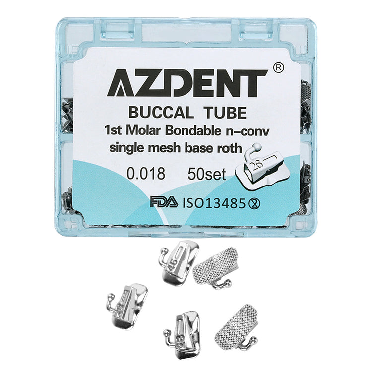 AZDENT Dental Orthodontic Buccal Tube 1st Molar Bondable Split Non-Convertible Roth 0.018 (UR UL LL LR) 50Sets/Box - azdentall.com