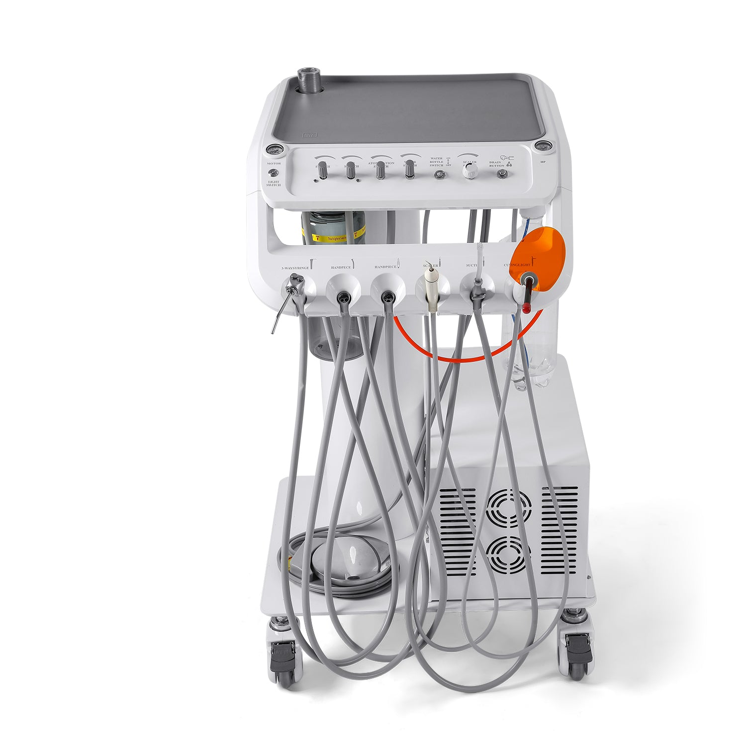 Portable Dental Mobile Cart Delivery Unit 4 Holes with 6 LED Light Lamp & Air Compressor & Woodpecker Scaler and Curing Light - azdentall.com