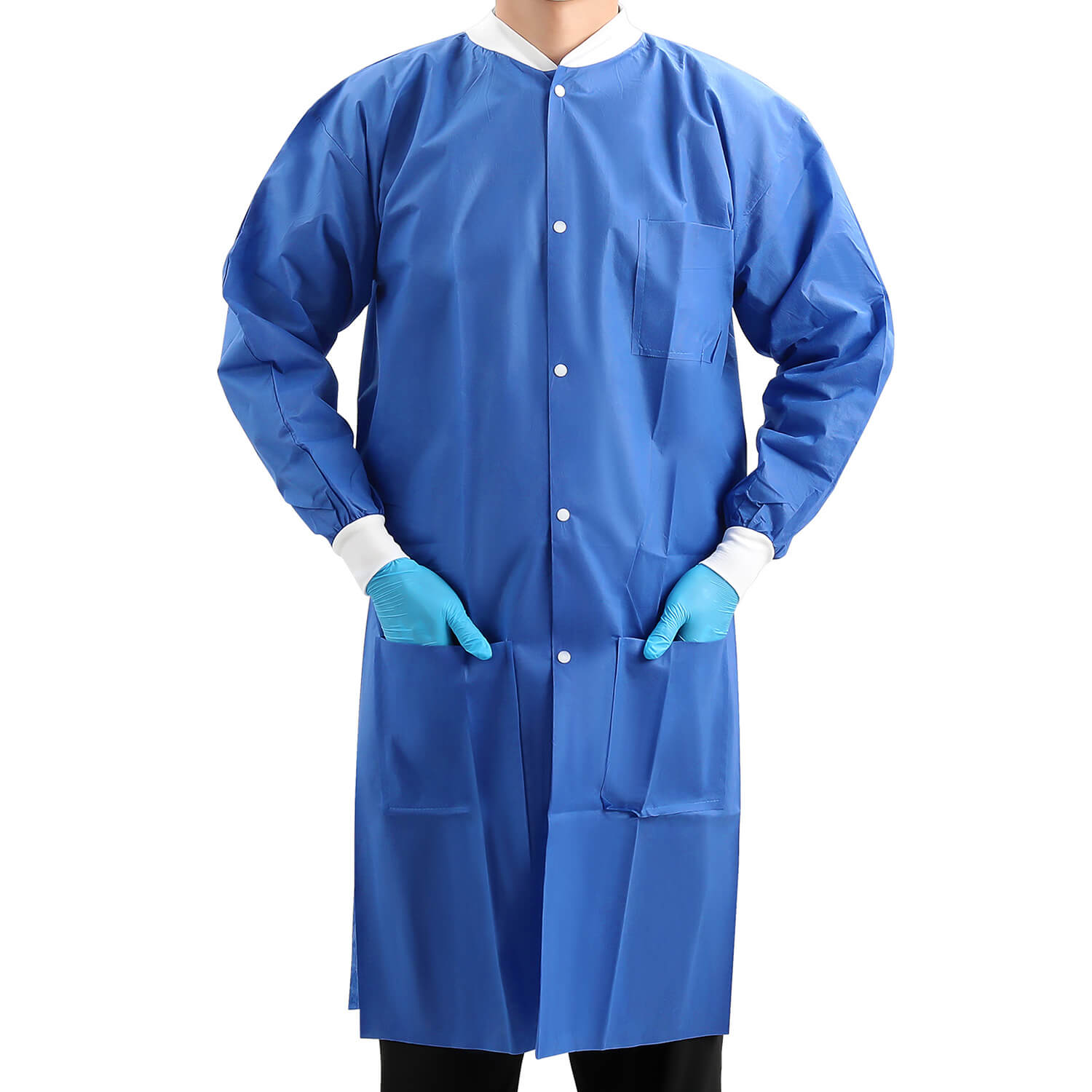 Disposable SMS Medical Lab Coats Jacket Knee Length with Knit Cuff & Collar 3 Pockets Blue - azdentall.com