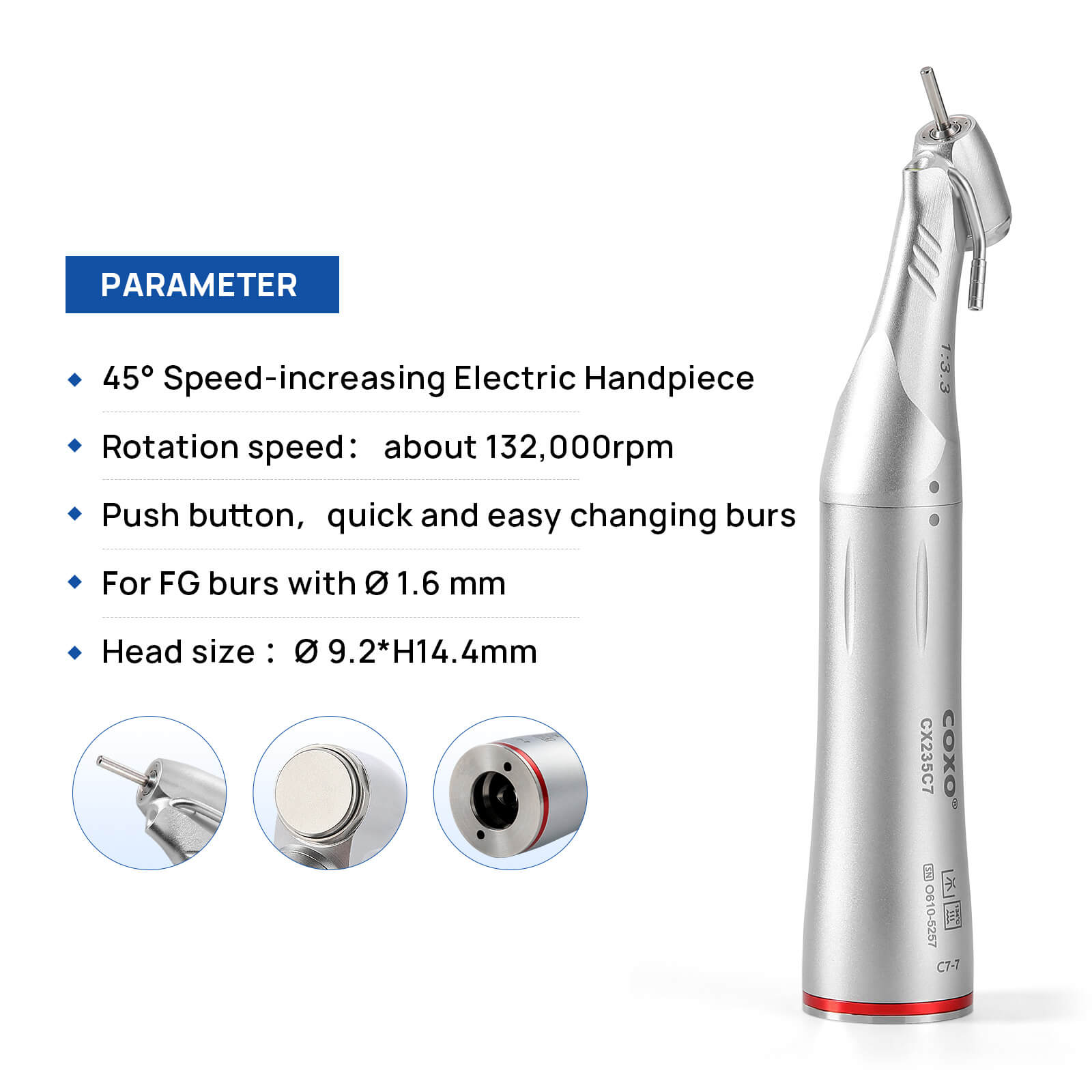 COXO 45 Degree LED Speed Increasing Electric Handpiece 1:3.3 Contra Angle with Generator Push Button CX235C7 #C7-7 - azdentall.com