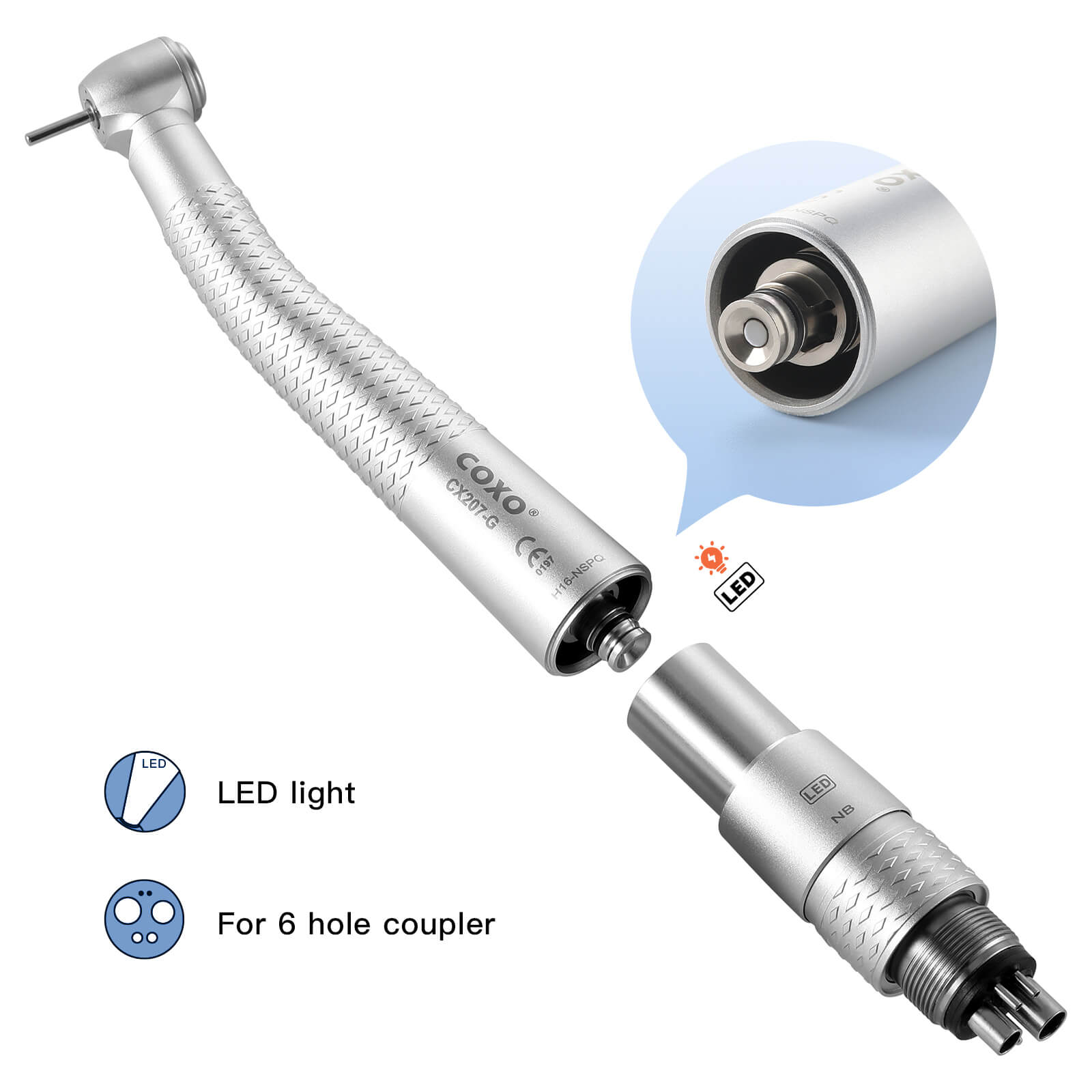 COXO Fiber Optic High Speed Air Turbine Handpiece Standard Head #H16-NSPQ & 6 Holes LED Coupler #229-GN - azdentall.com