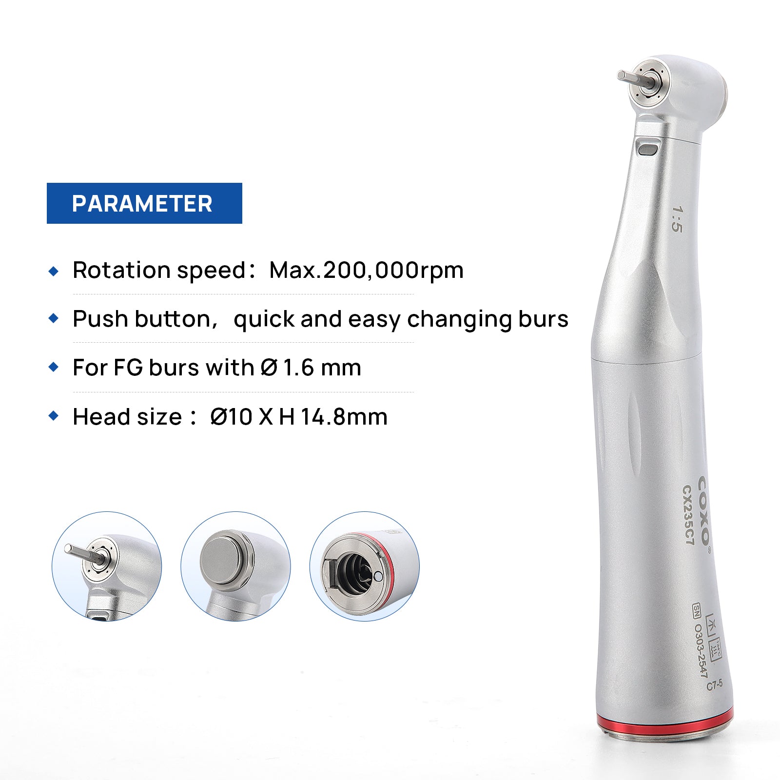 COXO Dental 1:5 Increasing Electric Fiber Optic Inner Channel Contra Angle Handpiece Standard Head CX235C7-5 - azdentall.com