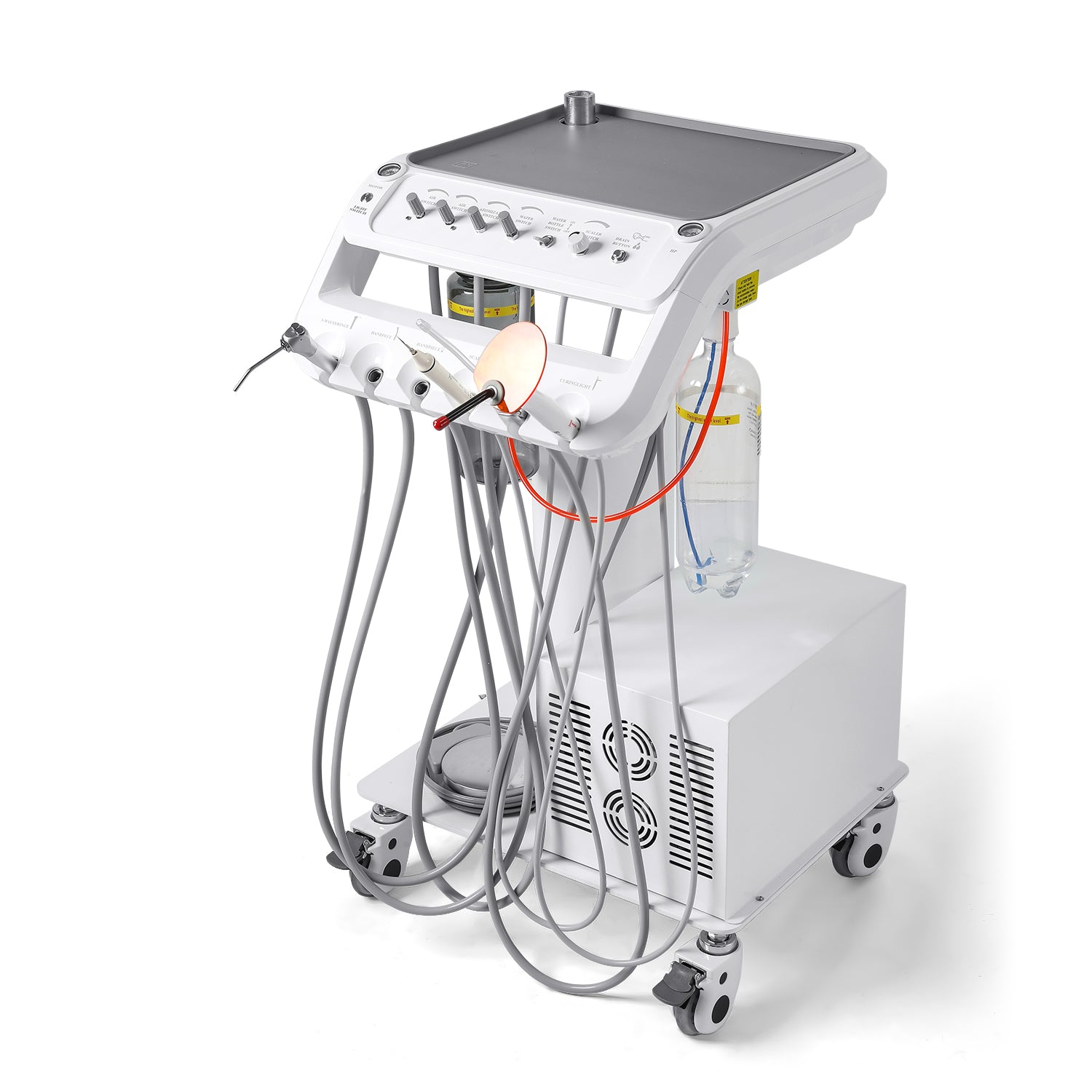 Portable Dental Mobile Cart Delivery Unit 4 Holes with 6 LED Light Lamp & Air Compressor & Woodpecker Scaler and Curing Light - azdentall.com