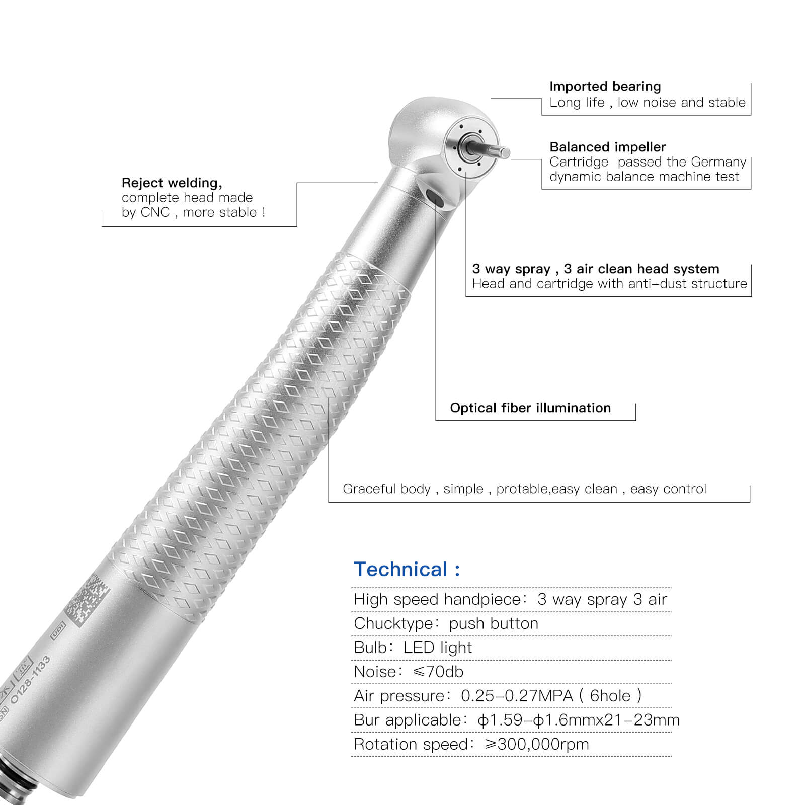 COXO Fiber Optic High Speed Air Turbine Handpiece Standard Head #H16-NSPQ & 6 Holes LED Coupler #229-GN - azdentall.com