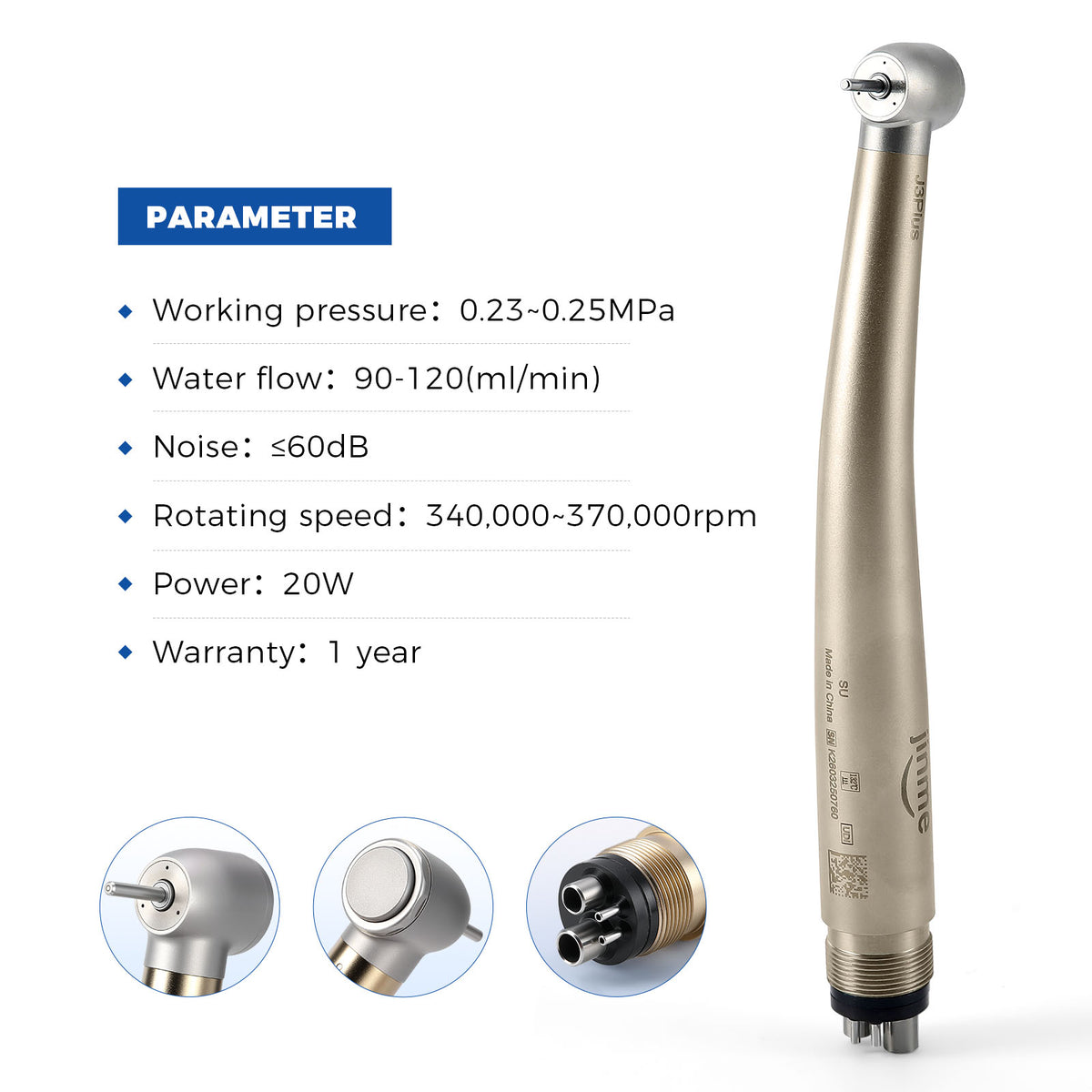Jinme J3 Plus-SU High Speed Air Turbine Handpiece Standard Head 3 Port Spray 4 Hole - azdentall.com