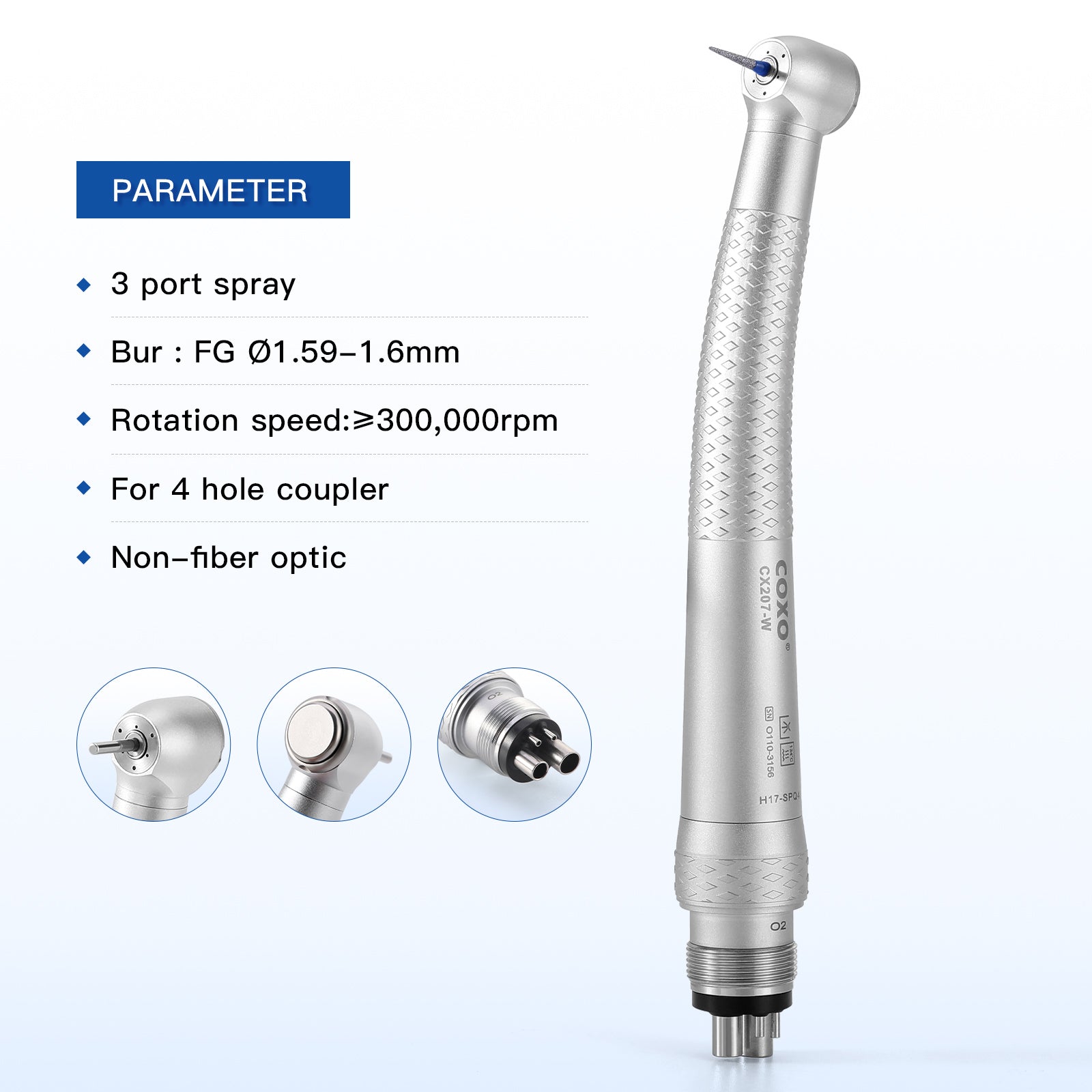 COXO Standard Head High Speed Air Turbine Handpiece with 4 Holes Coupler CX207-W H17-SPQ4 - azdentall.com