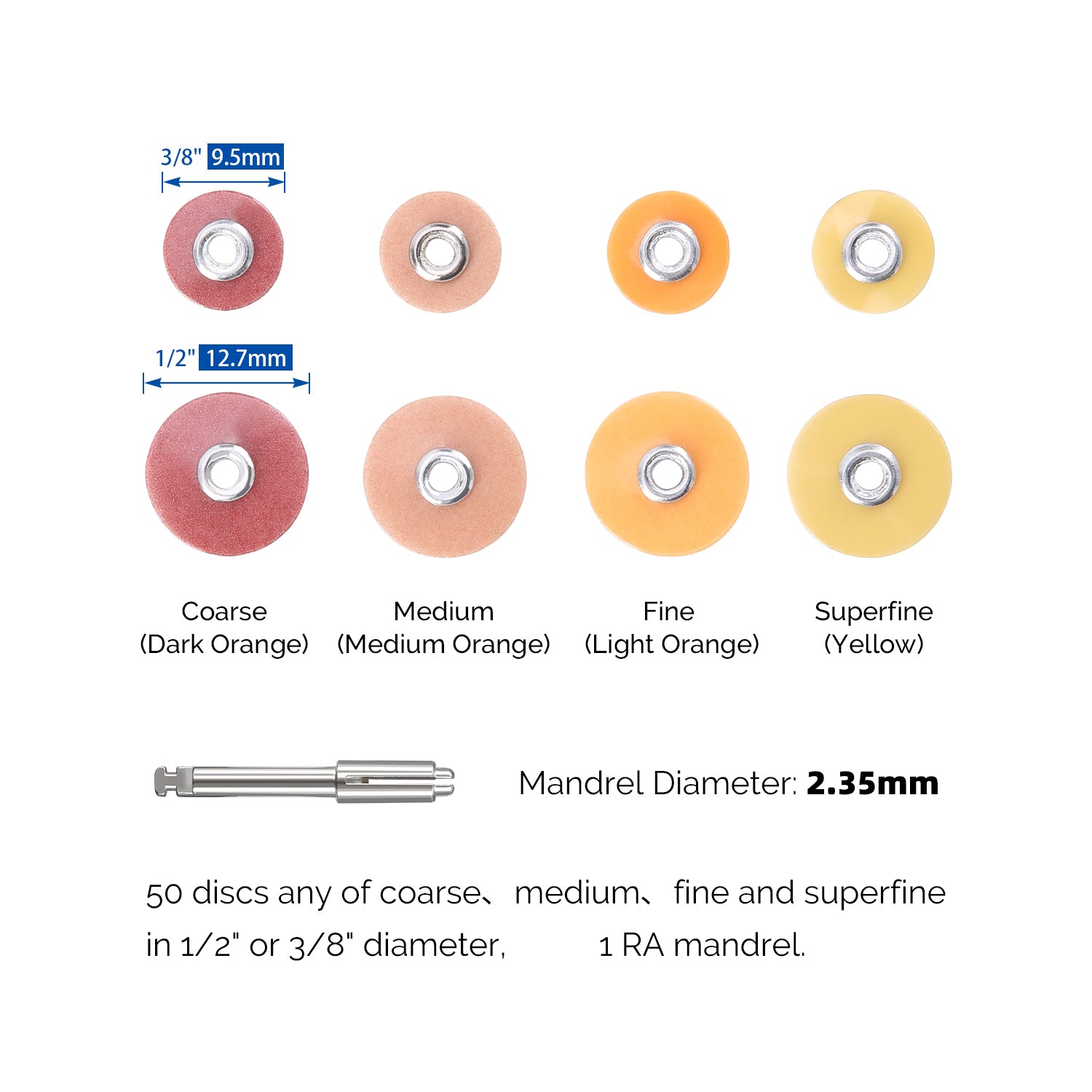 Dental Finishing & Polishing Discs 1/2" or 3/8" Coarse Medium Fine Superfine & Mandrel CA 2.35mm - azdentall.com