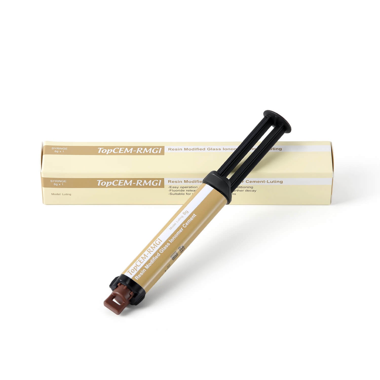 TopCEM-RMGI Dual Cure Resin Modified Glass Ionomer Cement Light Cure Self Cure 8gm Self-Adhesive Automix Syringe A2 Shade Luting - azdentall.com