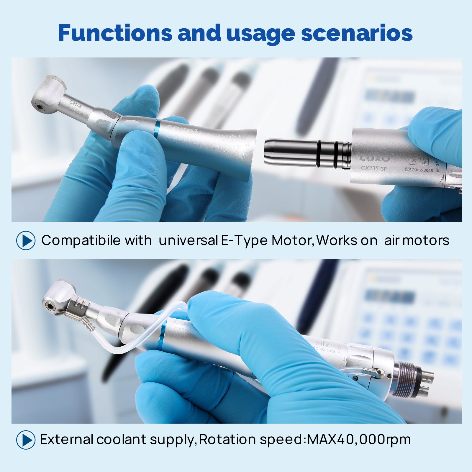 COXO Dental Low Speed Contra Angle Handpiece Push Button 1:1 External #C1-4 - azdentall.com