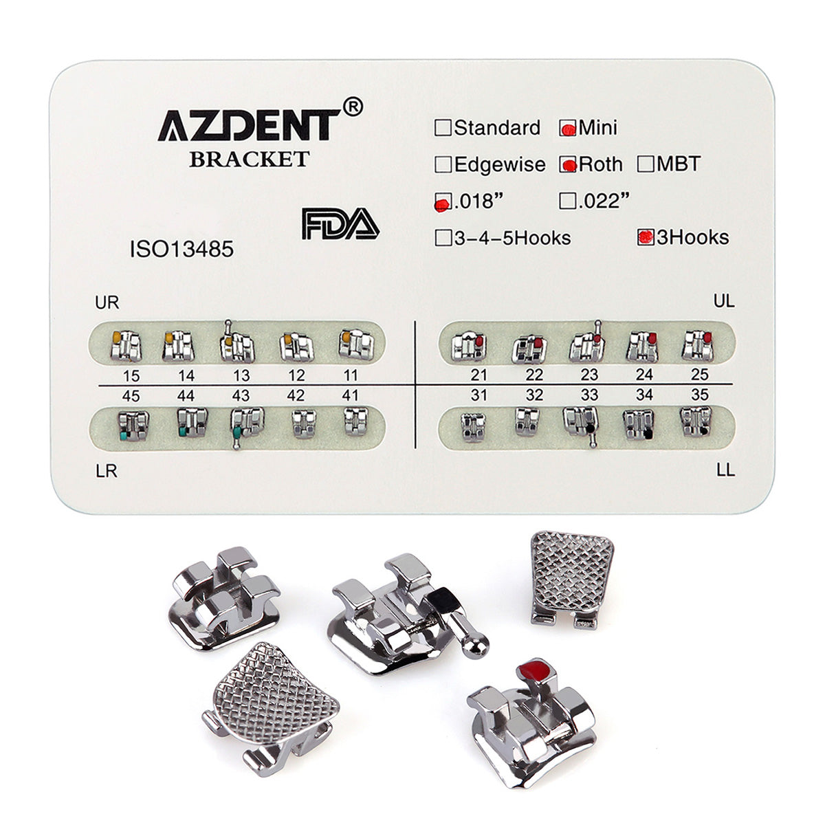AZDENT Metal Brackets Mini Roth Slot .018 Hooks on 3 20pcs/pack - azdentall.com