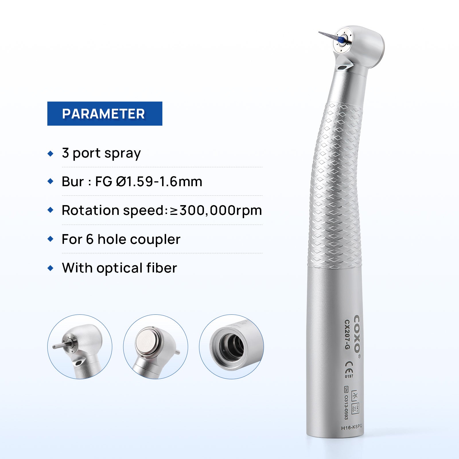 COXO Dental Fiber Optic High Speed Air Turbine Handpiece Standard Head H16-KSPQ - azdentall.com