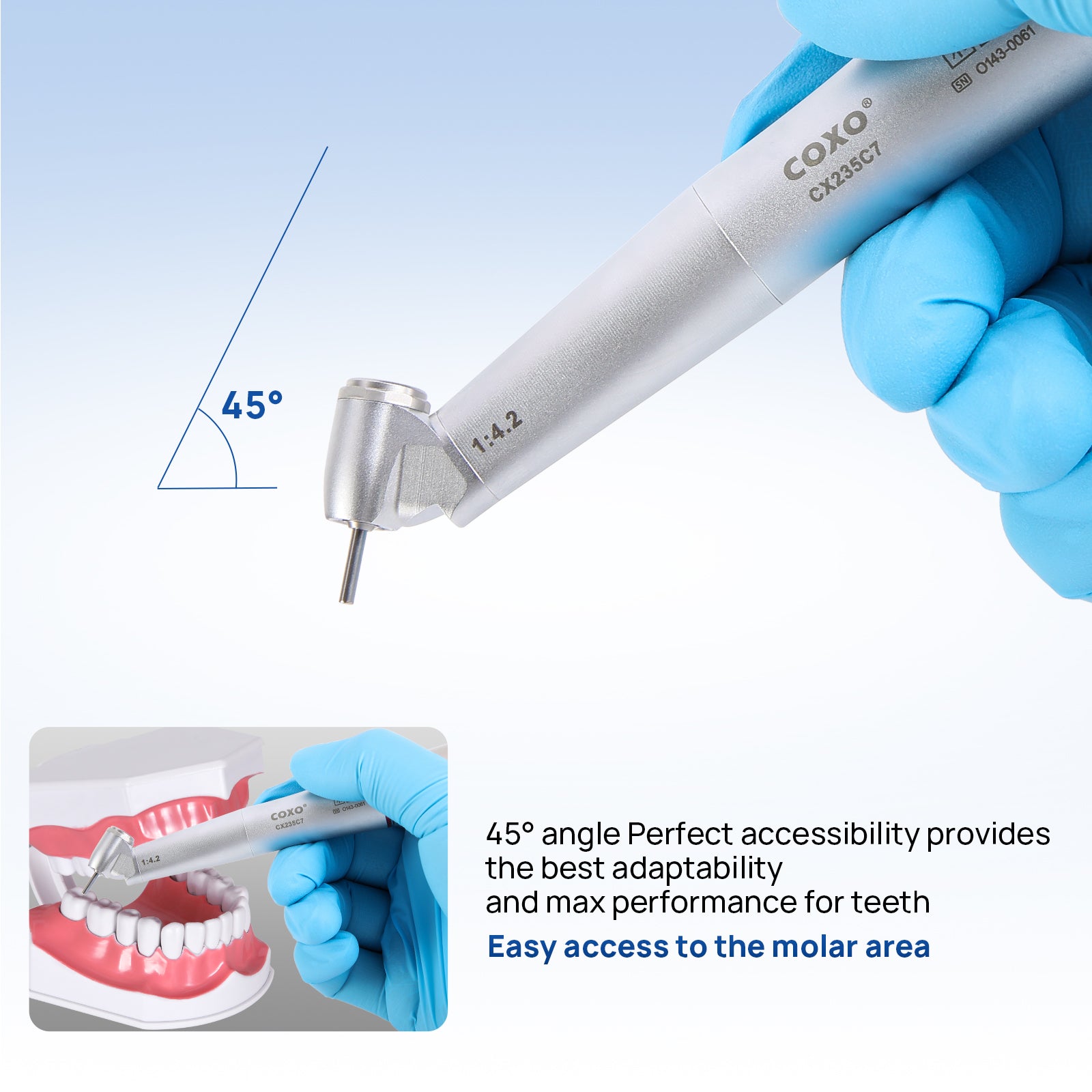 COXO Dental 1:4.2 Increasing 45 Degree Fiber Optic Electric Contra Angle Handpiece CX235C7-3 - azdentall.com