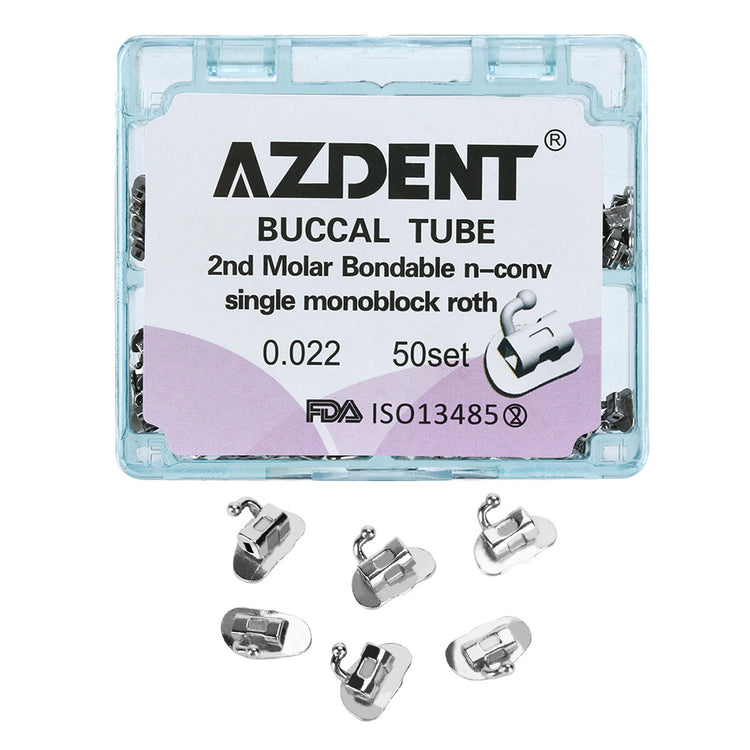 AZDENT Dental Orthodontic Buccal Tube 2nd Molar Bondable Monoblock Non-convertible Roth 0.022 50Sets/Box - azdentall.com