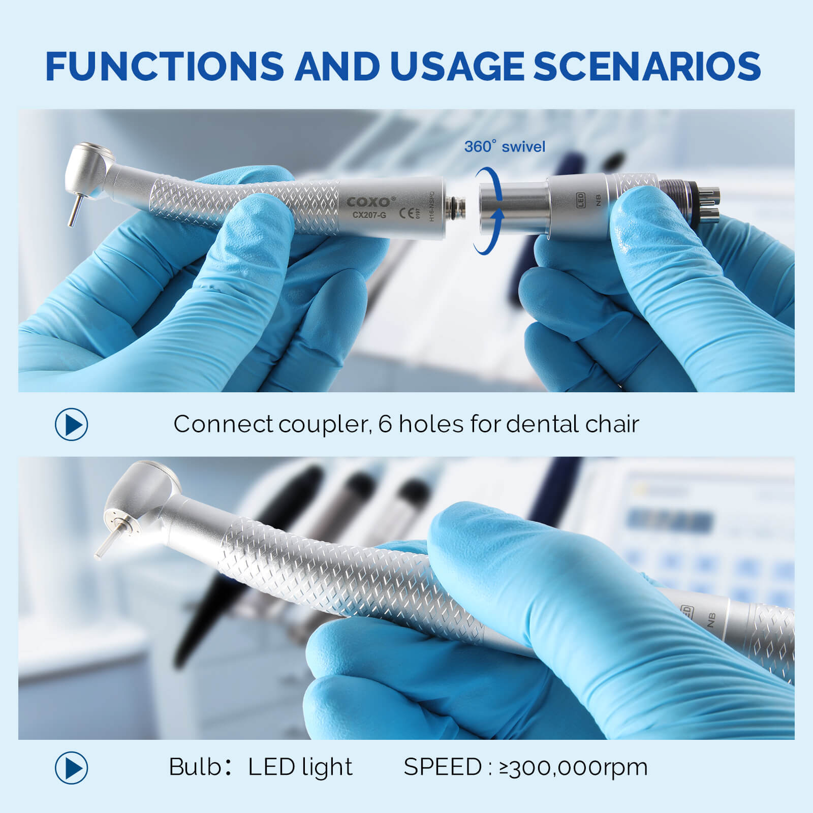 COXO Fiber Optic High Speed Air Turbine Handpiece Standard Head #H16-NSPQ & 6 Holes LED Coupler #229-GN - azdentall.com