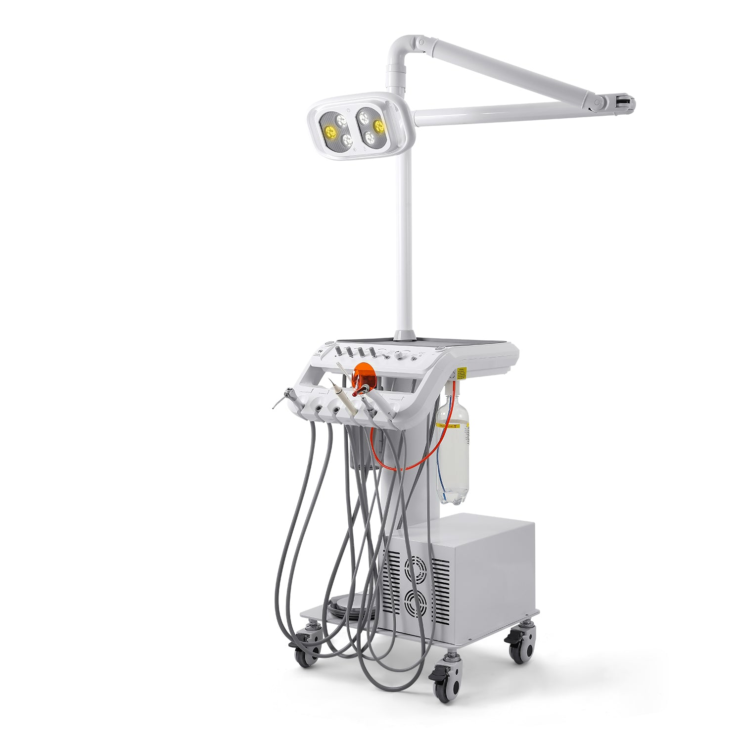 Portable Dental Mobile Cart Delivery Unit 4 Holes with 6 LED Light Lamp & Air Compressor & Woodpecker Scaler and Curing Light - azdentall.com
