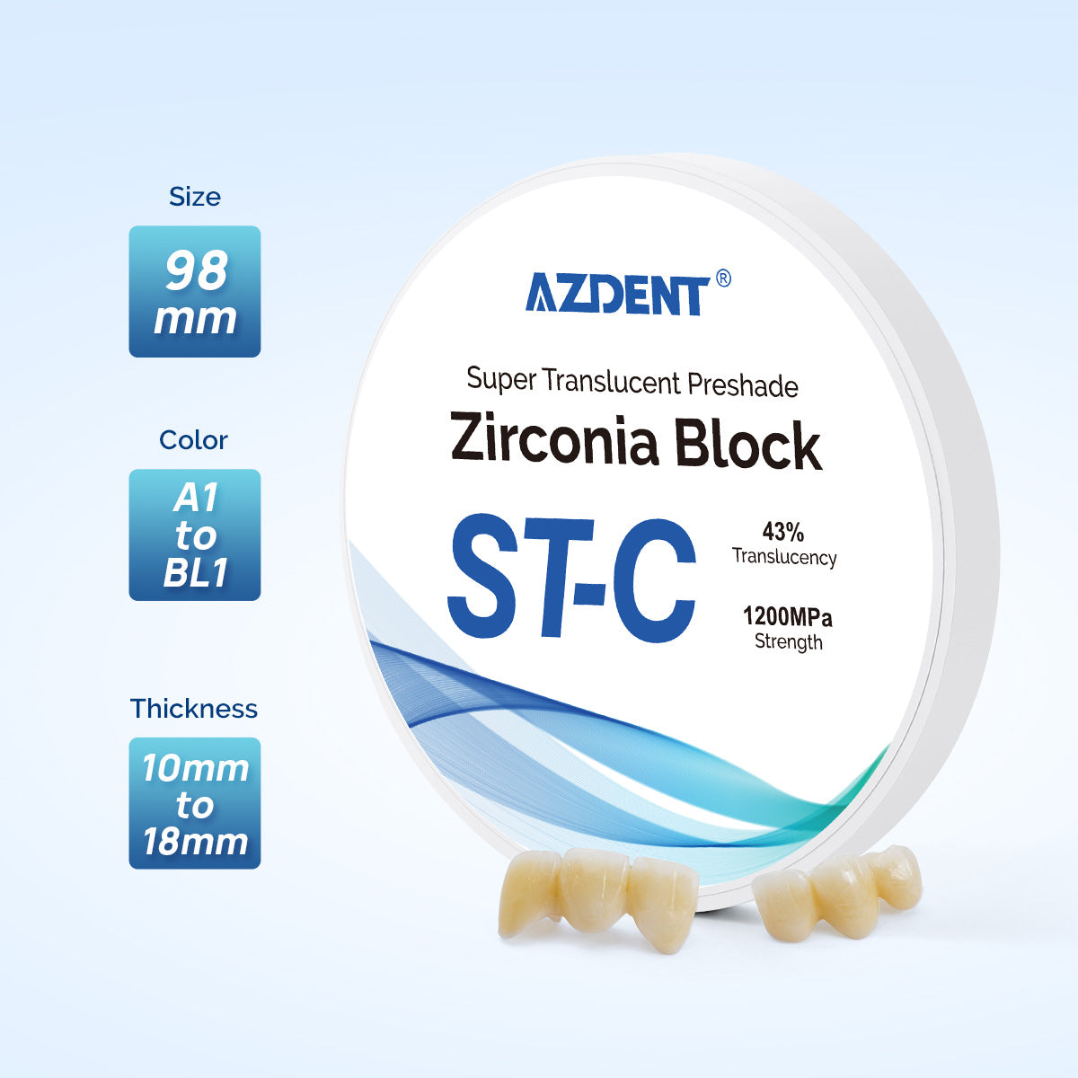 AZDENT Dental ST-C Pre-Shade Zirconia Block Disc High Translucency 98mm - azdentall.com