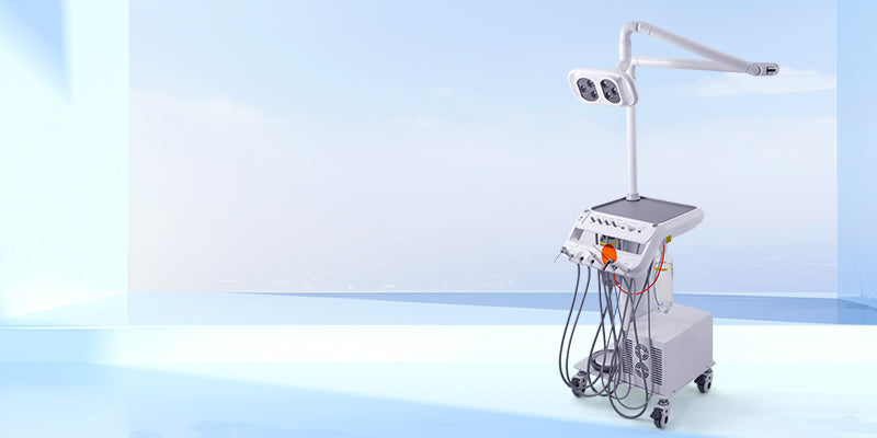 Portable Dental Mobile Cart Delivery Unit 4 Holes with 6 LED Light Lamp & Air Compressor & Woodpecker Scaler and Curing Light