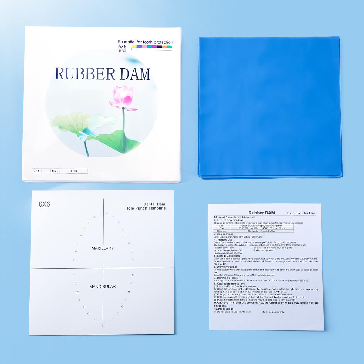 Dental Rubber Dams Natural Latex with Punch Hole Position Board 6