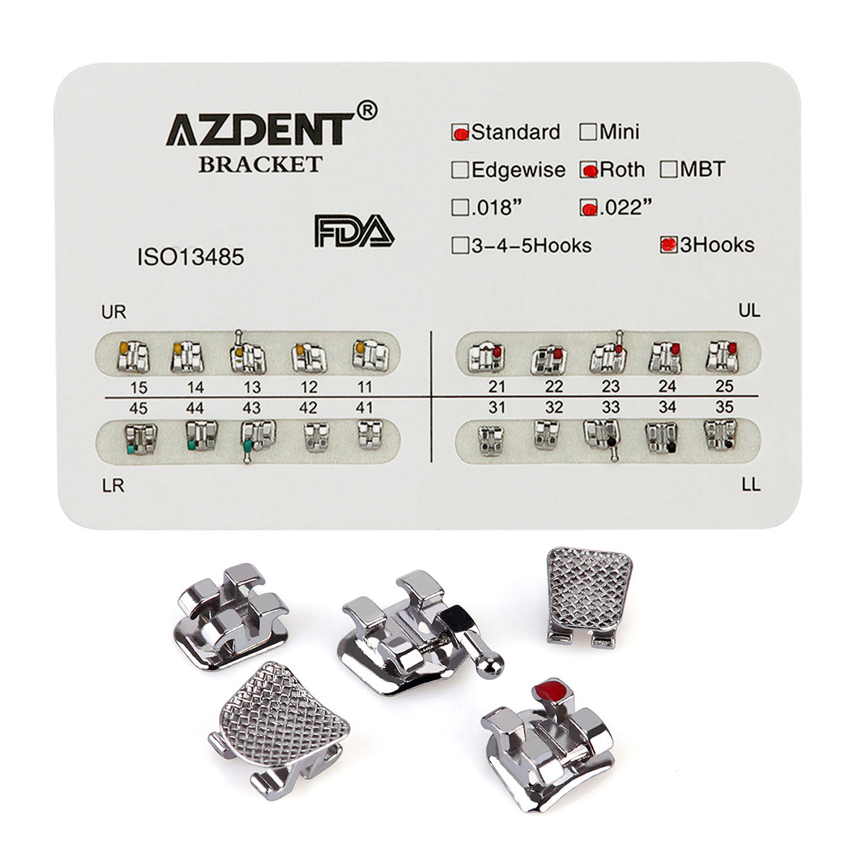 AZDENT Dental Metal Brackets Standard Roth Slot .022 Hooks on 3 20pcs/Pk - azdentall.com