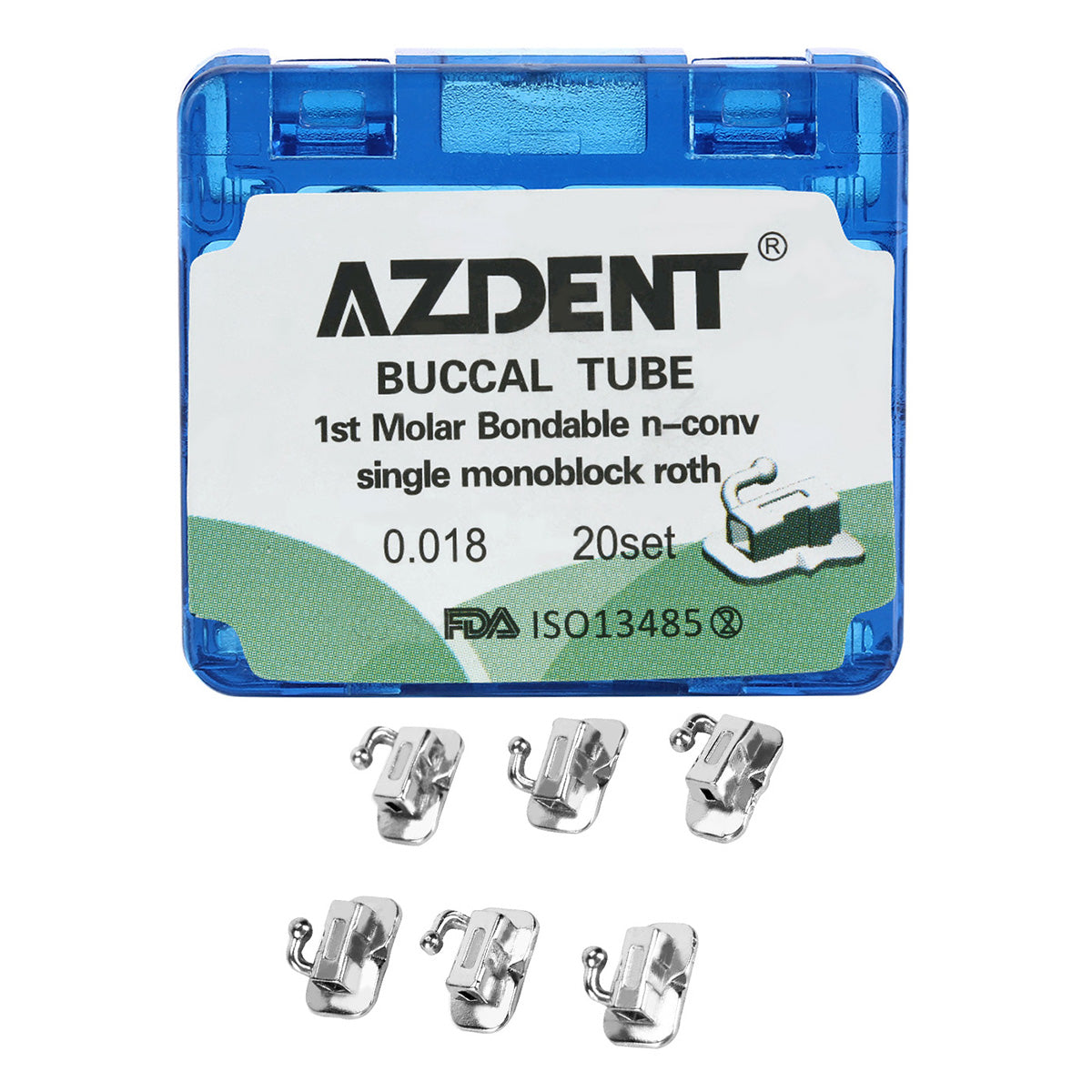 AZDENT Dental Orthodontic Buccal Tube 1st Molar Bondable MIM Monoblock Non-convertible Roth 0.018 20Sets/Box - azdentall.com