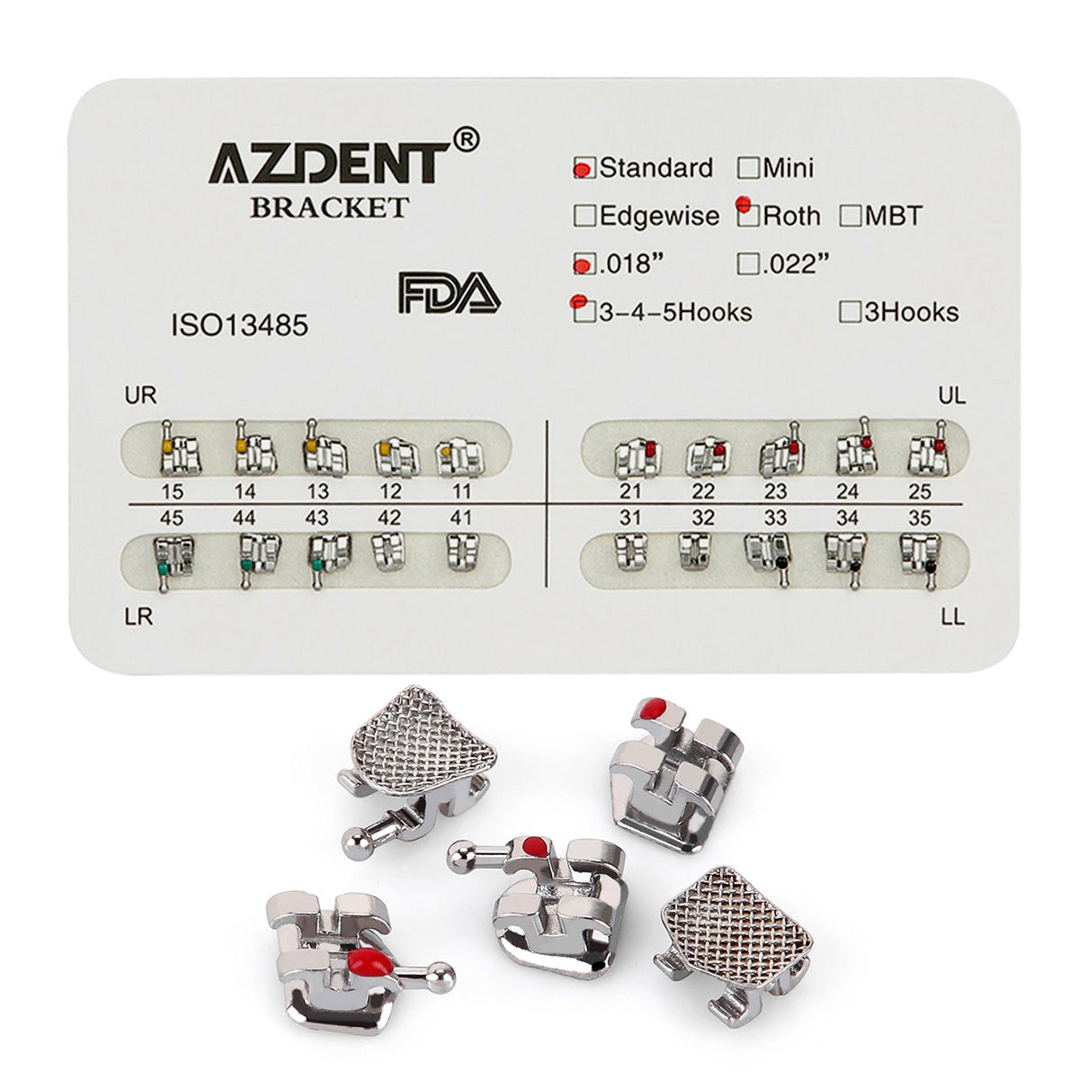 AZDENT Dental Metal Brackets Standard Roth Slot .018 Hooks on 345 20pcs/Pk - azdentall.com