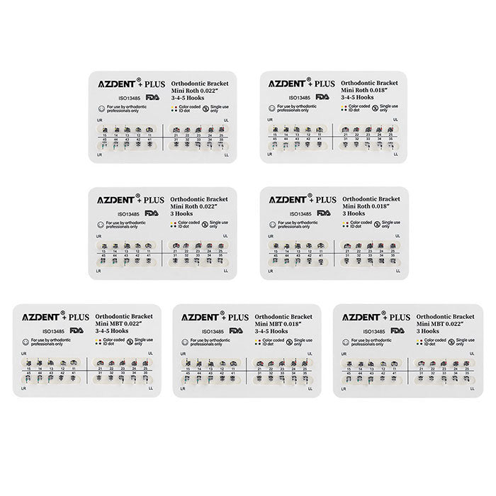 AZDENT PLUS Dental Metal Brackets Braces Mini Roth/MBT .022/.018 Hooks 3/3-4-5 20pcs/Pack - azdentall.com