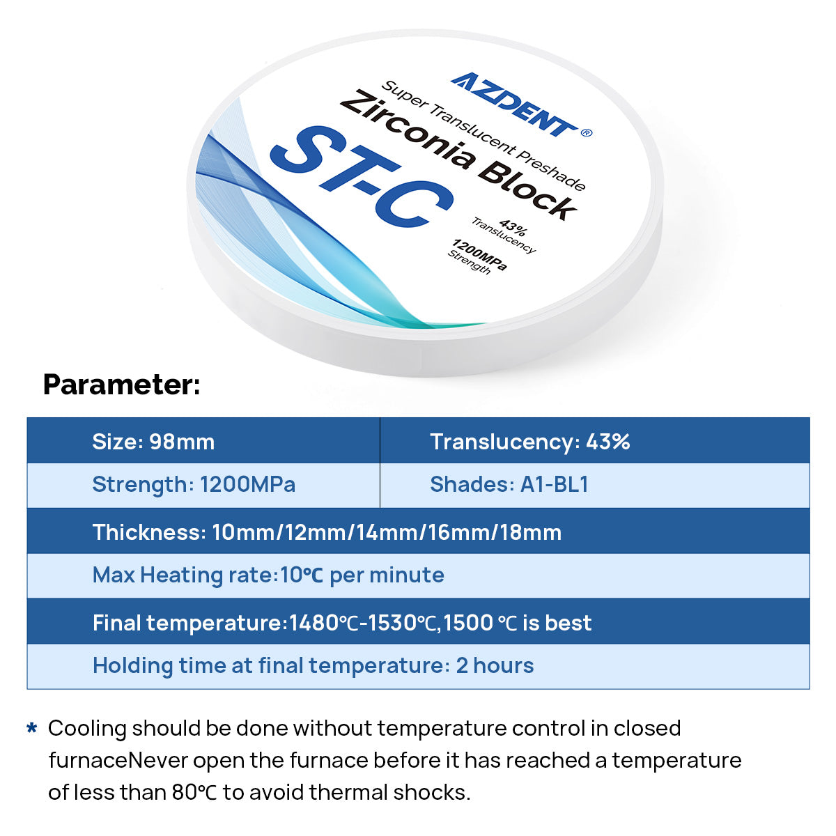 AZDENT Dental ST-C Pre-Shade Zirconia Block Disc High Translucency 98mm - azdentall.com