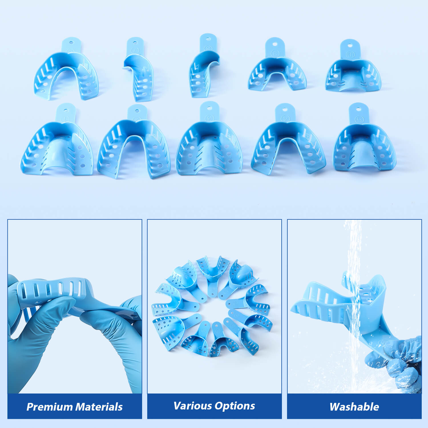 Dental Impression Trays Plastic Perforated Autoclavable 10 Sizes 12pcs/Bag - azdentall.com