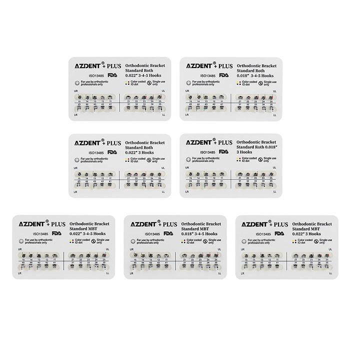 AZDENT PLUS Dental Metal Brackets Braces Standard Roth/MBT .022/.018 Hooks 3/3-4-5 20pcs/Pack - azdentall.com