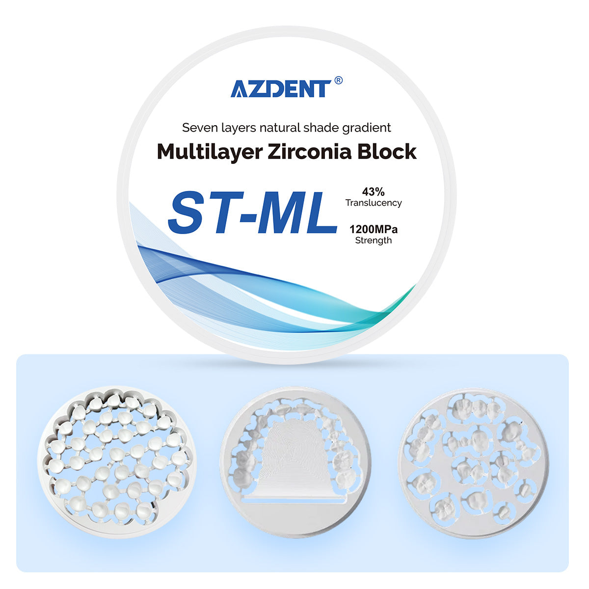 AZDENT Dental ST-ML Multilayer Zirconia Block Seven Layers Natural Shade Gradient 98mm - azdentall.com