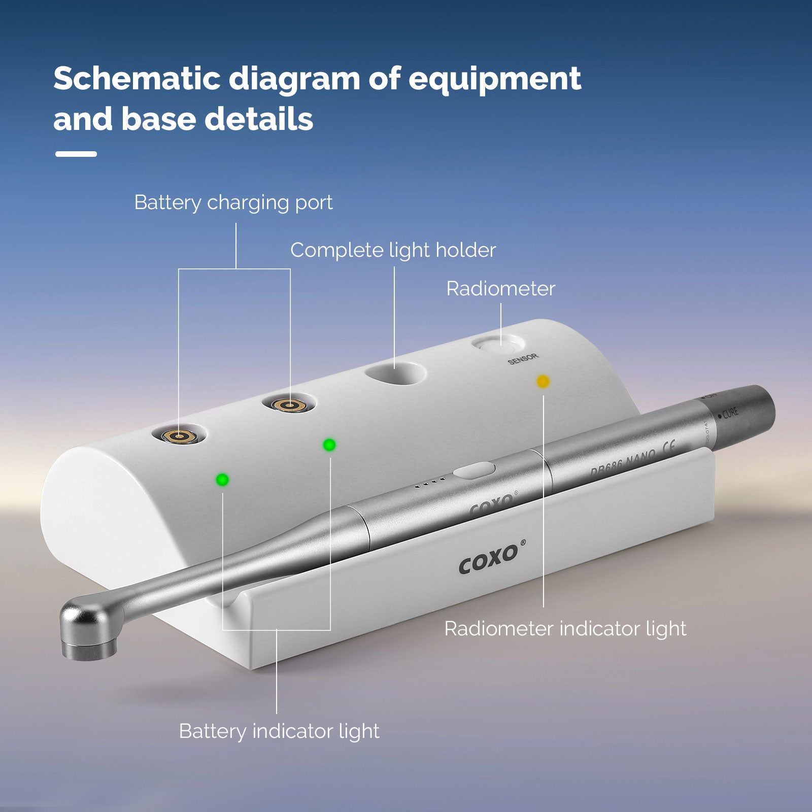 COXO LED Curing Light Light-curing & Caries Detection Modes with Light Meter 360° Rotation Head Metal Body - azdentall.com