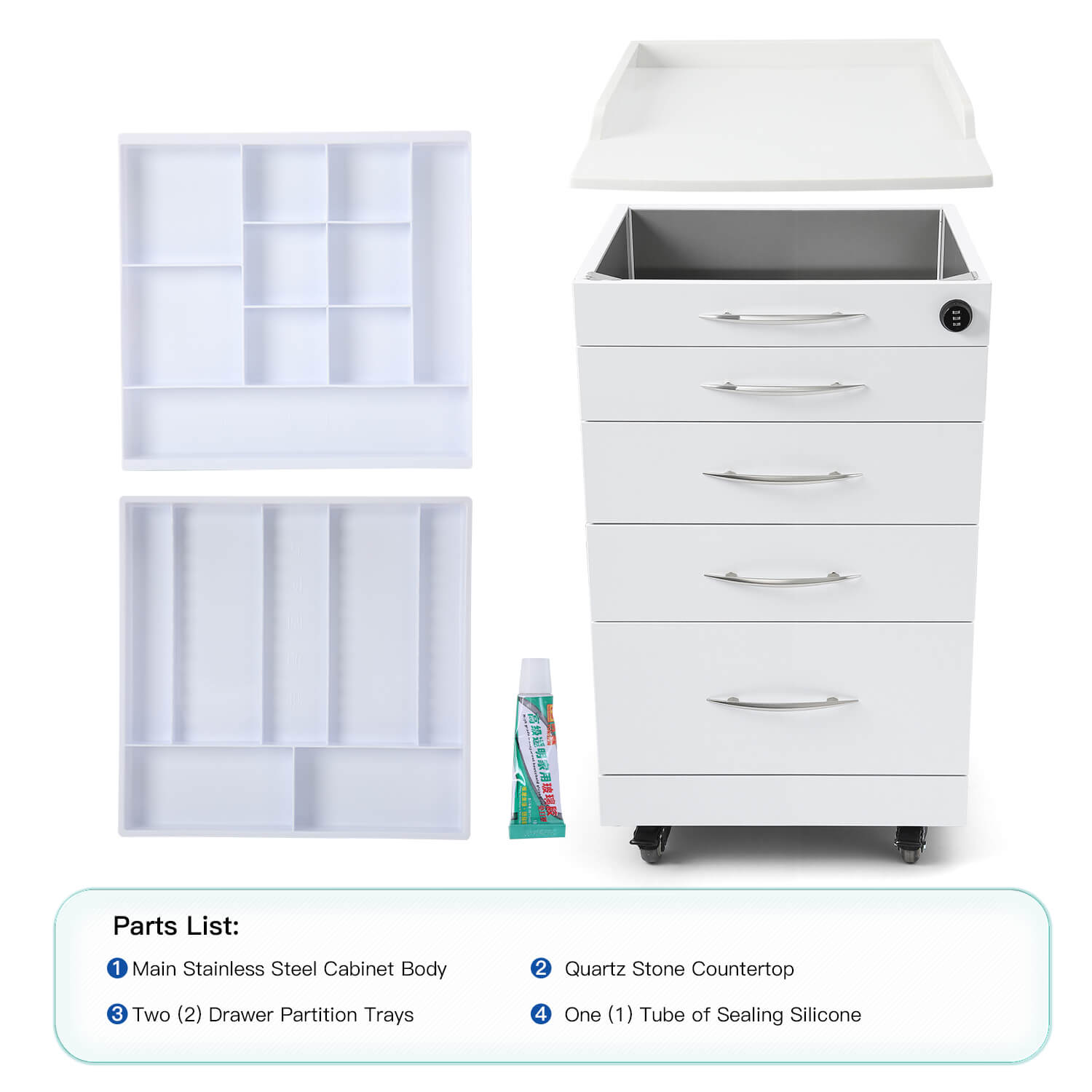 Dental C05A Quartz and Stainless Steel Four Drawer Mobile Cabinet & Two Instrument Tray - azdentall.com