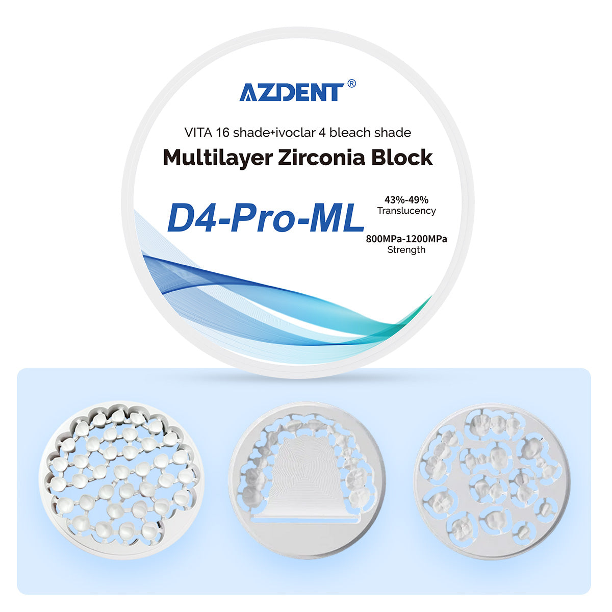 AZDENT Dental D4-Pro-ML Multilayer Zirconia Block VITA 16 Shade&Ivoclar 4 Bleach Shade - azdentall.com