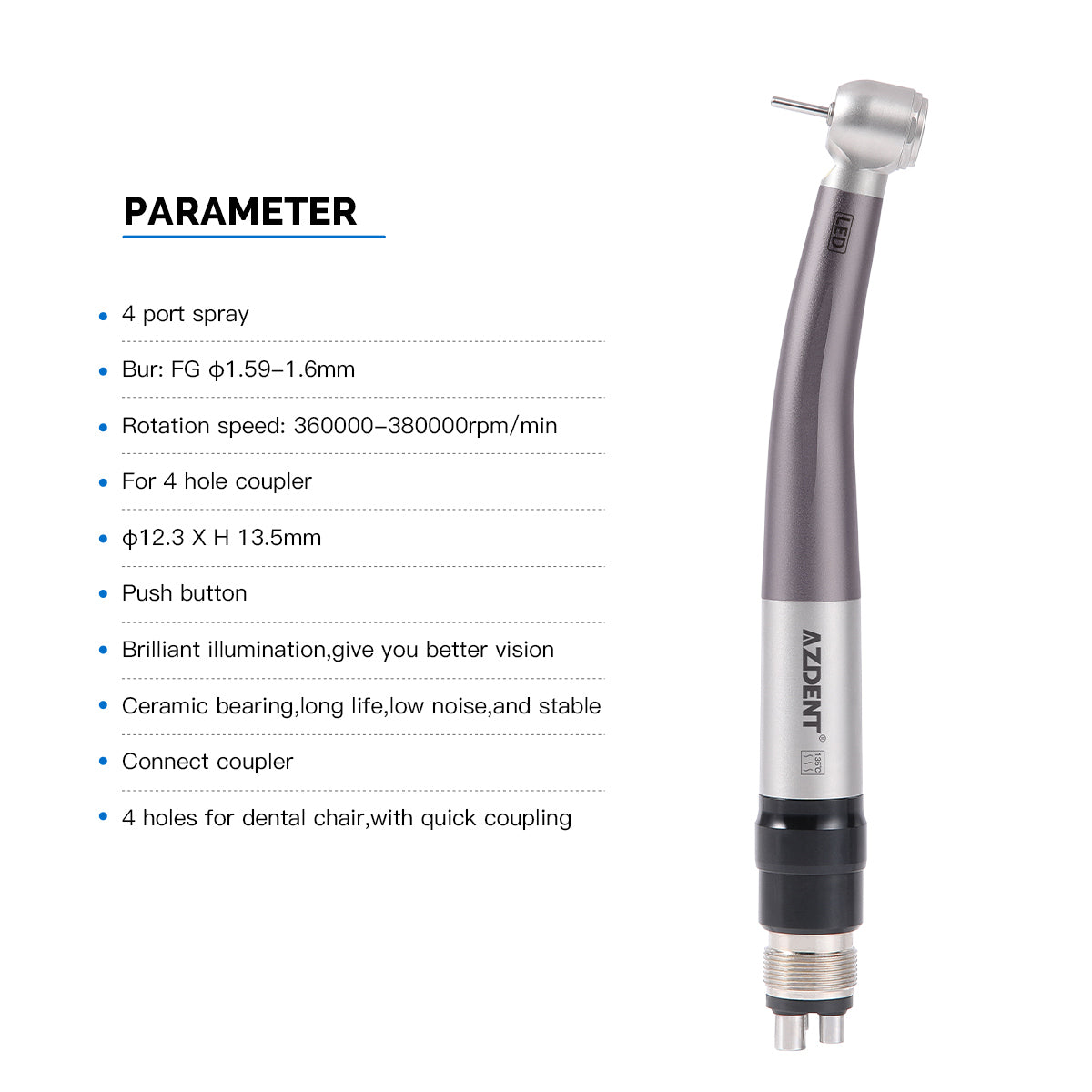 AZDENT Dental E-generator LED High Speed Handpiece with Quick Coupler 4 Holes - azdentall.com